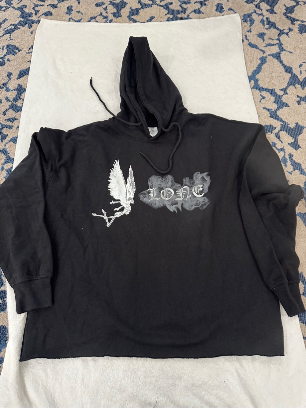 Black 'LONE' Graphic Hoodie with Angel Motif